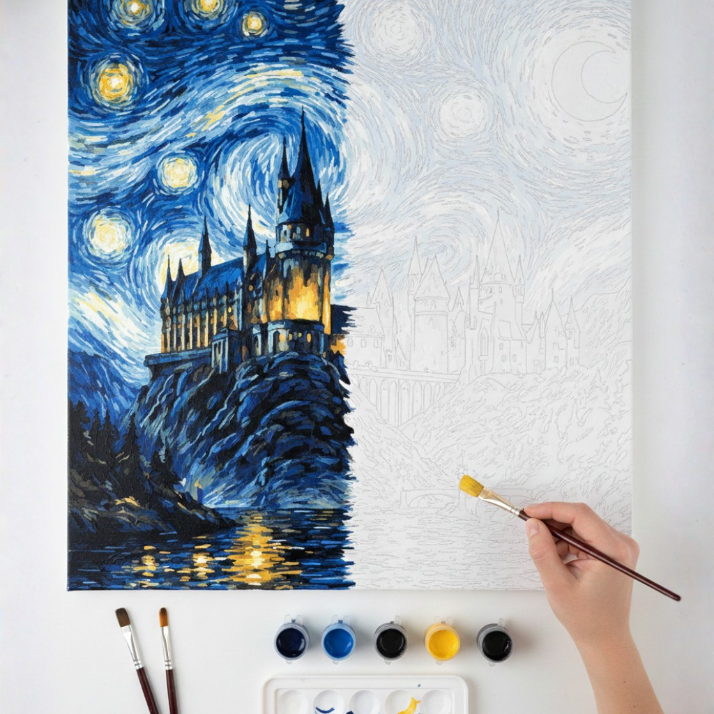 Cuadro para pintar con números "Hogwarts - Versión noche estrellada"